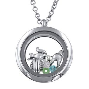 Kitty Cat Charm Locket Long Silver Necklace